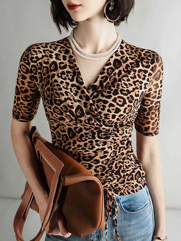 Half Sleeves Skinny Leopard Pleated V-Neck T-Shirts Tops