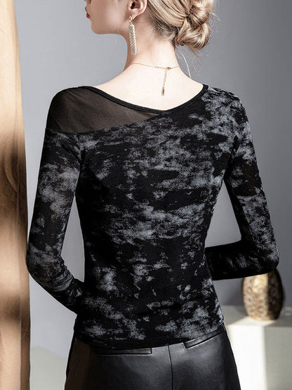 Irregularity Long Sleeves Asymmetric Graffiti Printed Mesh Split-Joint Round-Neck T-Shirts Tops