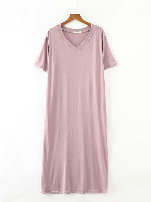 Simple Short Sleeves Loose Split-Side Solid Color V-Neck Pajamas Dress