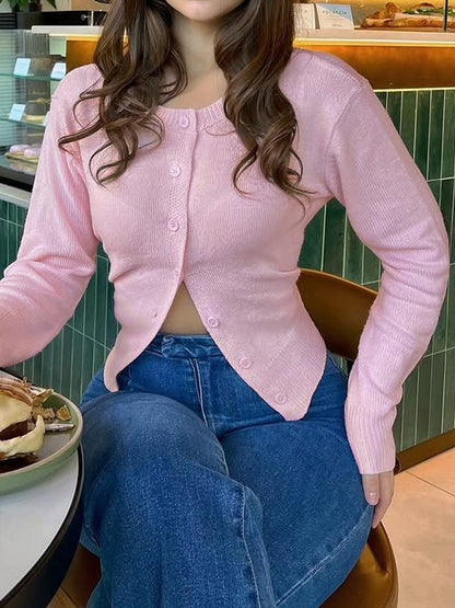 Solid Color Buttoned Loose Long Sleeves Round-neck Outerwear