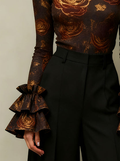 Flared Sleeves Long Sleeves Flower Print High Neck Blouses&Shirts Tops