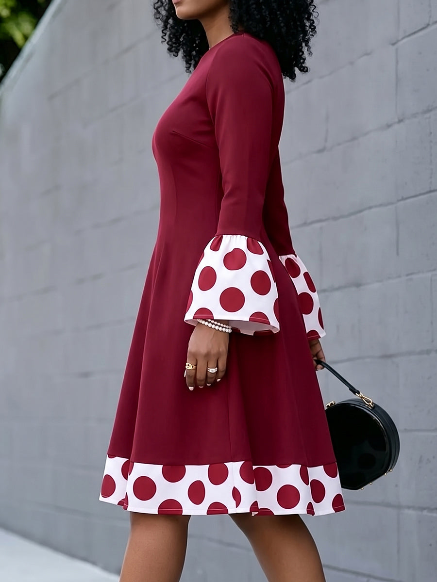 Zipper Split-Joint Polka-Dot Contrast Color Long Sleeves High Waisted Round-neck Midi Dresses