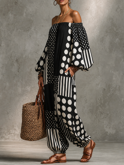 Long Sleeves Puff Sleeves Contrast Color Elasticity Polka Dot Split-Joint Striped Off-The-Shoulder Jumpsuits