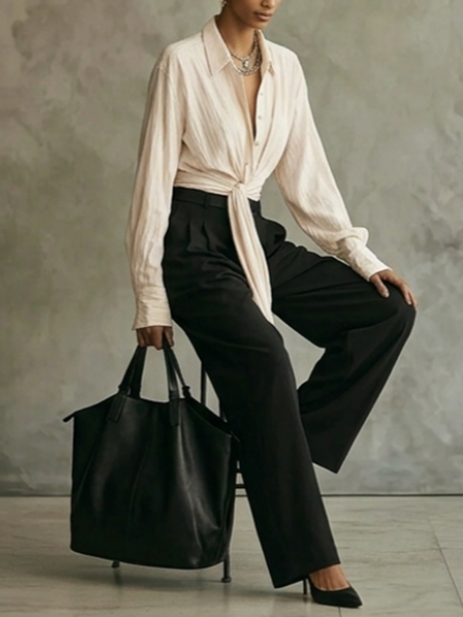 Tied Waist Solid Color Buttoned Belt Buckle Wide Leg Long Sleeves Lapel Two Pieces Set Trousers Pants Blouses&shirts Tops
