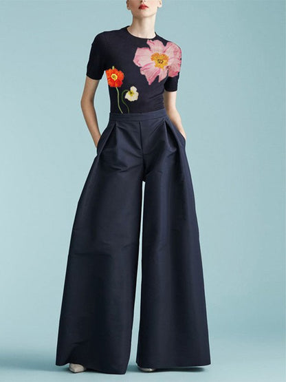 Short Sleeves Skinny Floral Printed Split-Joint Round-Neck T-Shirts