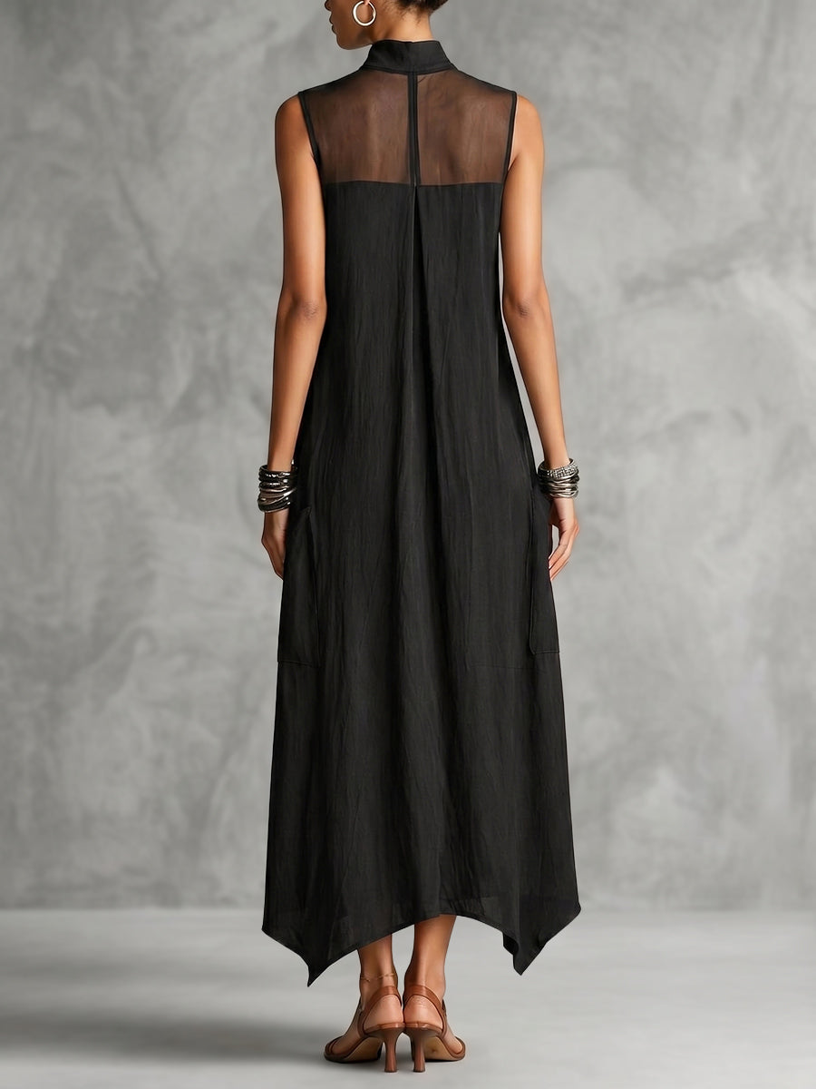A-Line Sleeveless Asymmetric Buttoned Pockets See-Through Solid Color Mock Neck Maxi Dresses