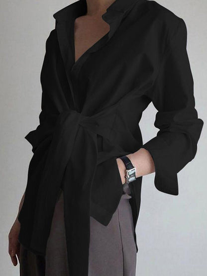 Monroe | Women's Tie Waist Button Down Long Sleeve Shirt Blouse
