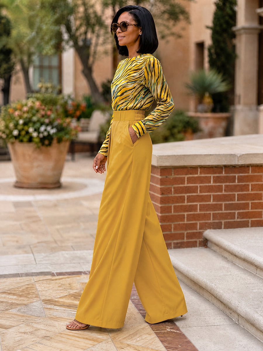 Wave Print Tiger Printed Contrast Color Long Sleeves Round-neck Blouses&shirts Tops