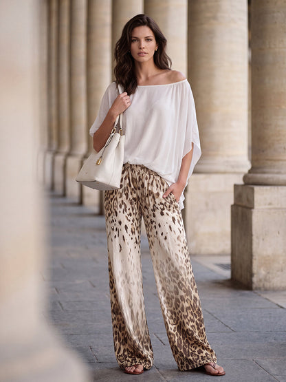 Pockets Leopard Gradient Elasticity Wide Leg Loose Wide Leg Pants Trousers