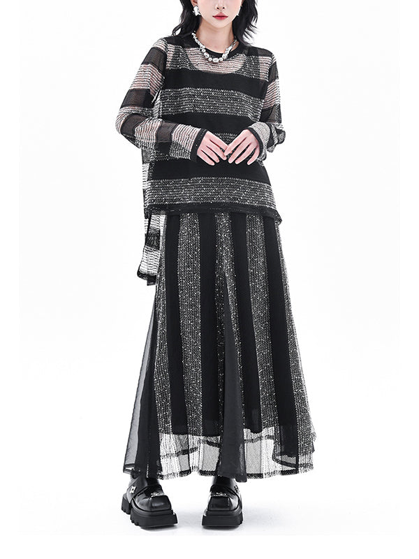 Striped Contrasting Color Elastic Round-Neck  Long-Sleeved See-Through Blouses&Shirts Tops+ Skirt Bottom Two Pieces Set