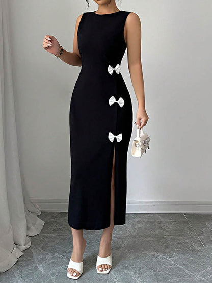 Bodycon High Waisted Bowknot Split-Side Round-Neck Midi Dresses