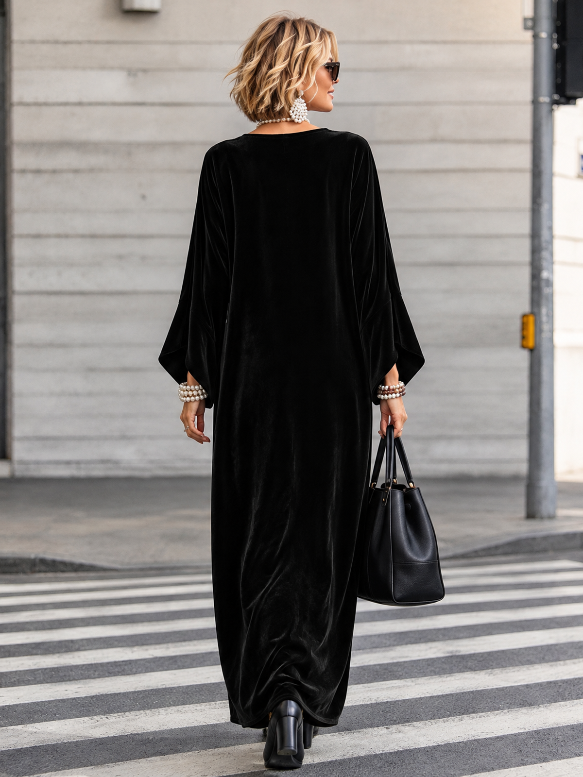 Split-Joint Pockets Contrast Color Loose Long Sleeves V-neck Maxi Dresses