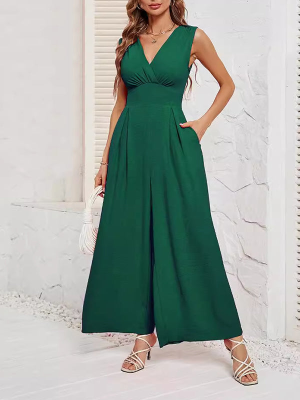 Loose Sleeveless Pleated Solid Color Split-Joint V-Neck Jumpsuits