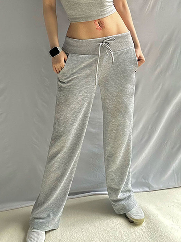 Flared Pants Loose Drawstring Pockets Solid Color Pants Trousers
