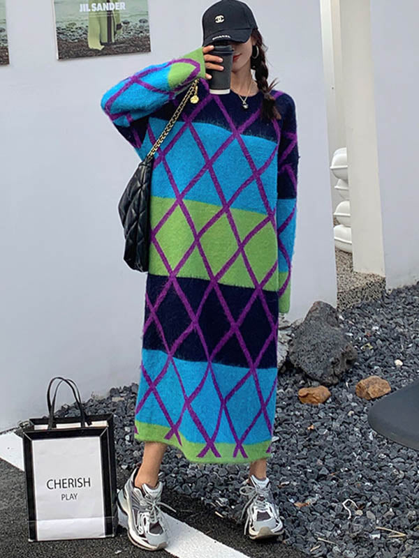 Long Sleeves Loose Contrast Color Plaid Split-Joint Round-Neck Midi Dresses Sweater Dresses