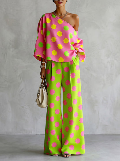 Loose Wide Leg Buttoned Pockets Polka-Dot Pants Trousers