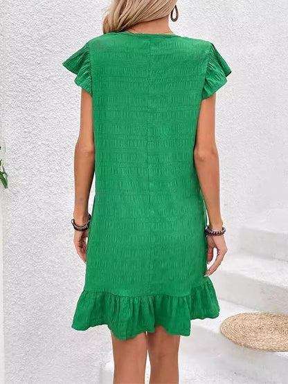 Loose Ruffle Sleeves Pleated Solid Color Split-Joint V-Neck Mini Dresses