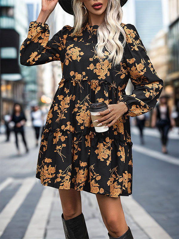 A-Line High Waisted Elasticity Flower Print Split-Joint Round-Neck Mini Dresses