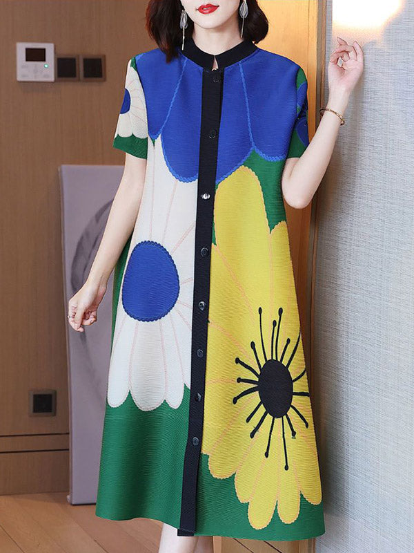 A-Linie Locker geknöpft Blumendruck Plissee Rundhals Midikleider 