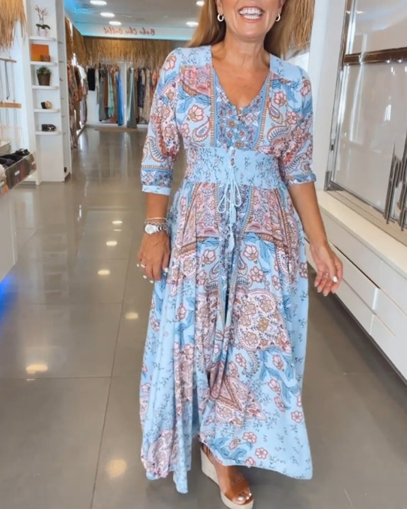 Solis | Women's Paisley Maxi Dress V-Neck 3/4 Sleeve Boho