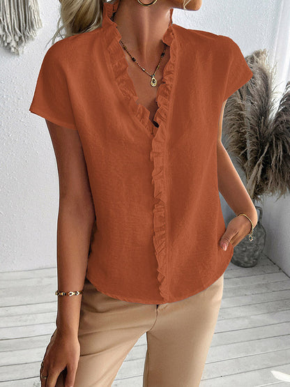 Loose Short Sleeves Ruffle Trim Solid Color V-Neck Blouses&Shirts Tops