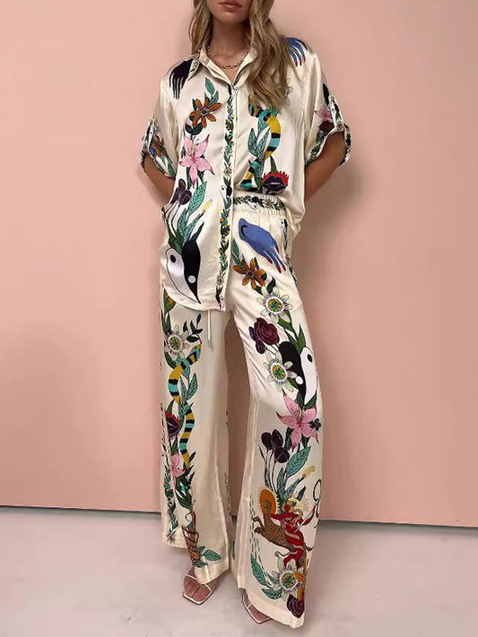 Half Sleeves Loose Buttoned Flower Print Pockets Lapel T-Shirt Top + Drawstring Elasticity Pants Bottom Two Pieces Set