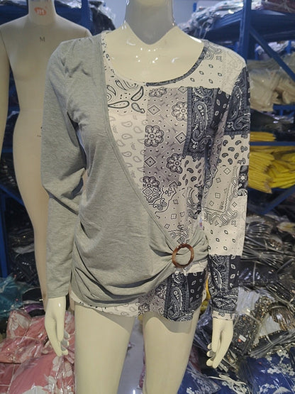 Irregularity Long Sleeves Asymmetric Buckle Contrast Color Pleated Split-Joint Round-Neck T-Shirts Tops