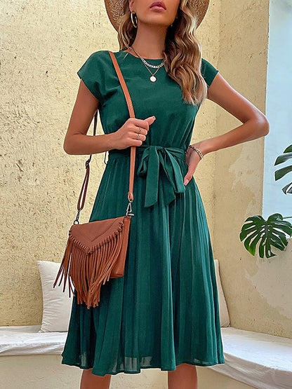 A-Line Loose Pleated Solid Color Tied Waist Round-Neck Midi Dresses