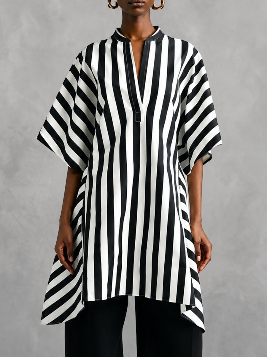 Striped Contrast Color Asymmetric Loose Half Sleeves V-neck Blouses&shirts Tops