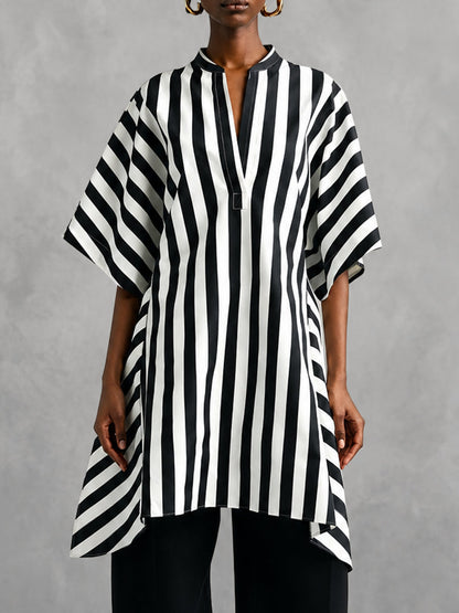 Striped Contrast Color Asymmetric Loose Half Sleeves V-neck Blouses&shirts Tops