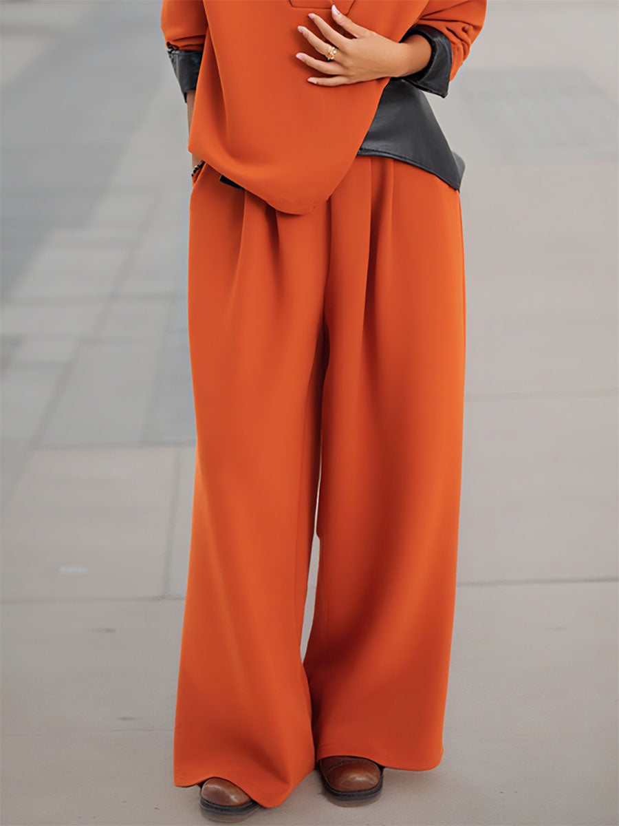 High Waisted Wide Leg Elasticity Pleated Solid Color Pants Trousers