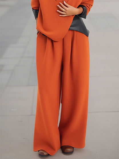High Waisted Wide Leg Elasticity Pleated Solid Color Pants Trousers