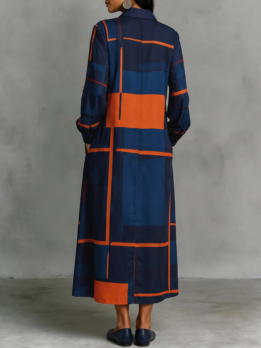 Printed Pockets Contrast Color Buttoned Loose Long Sleeves Lapel Shirt Dress Maxi Dresses