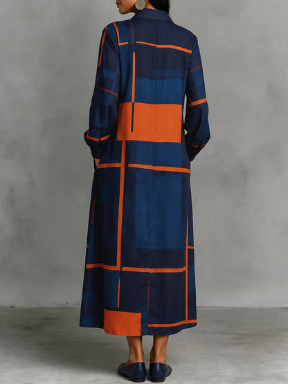 Printed Pockets Contrast Color Buttoned Loose Long Sleeves Lapel Shirt Dress Maxi Dresses