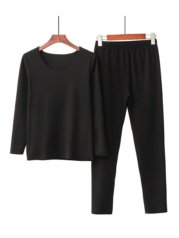 2PCS Plus Size Solid Color Round-Neck Top&Bottom Pajama Set