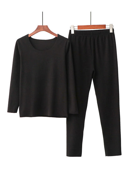 2PCS Plus Size Solid Color Round-Neck Top&Bottom Pajama Set