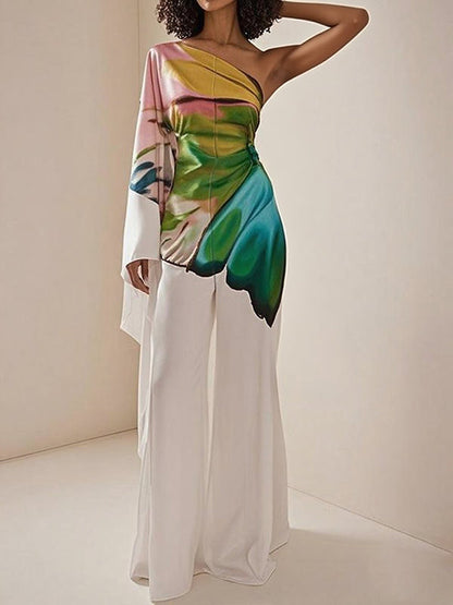 Long Sleeves Loose Flower Print Pleated Pockets One-shoulder Jumpsuits