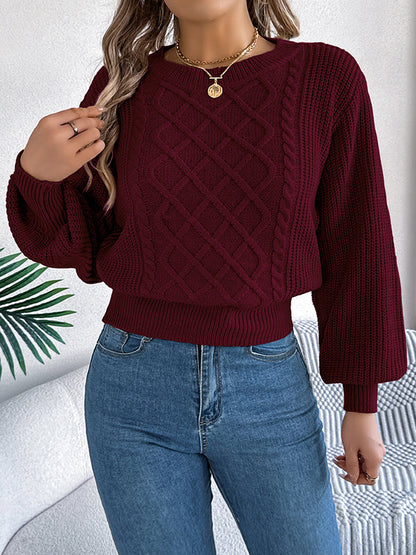 Elasticated Waist Long Sleeves Cable Knit Solid Color Round-Neck Knit Top Sweater Tops