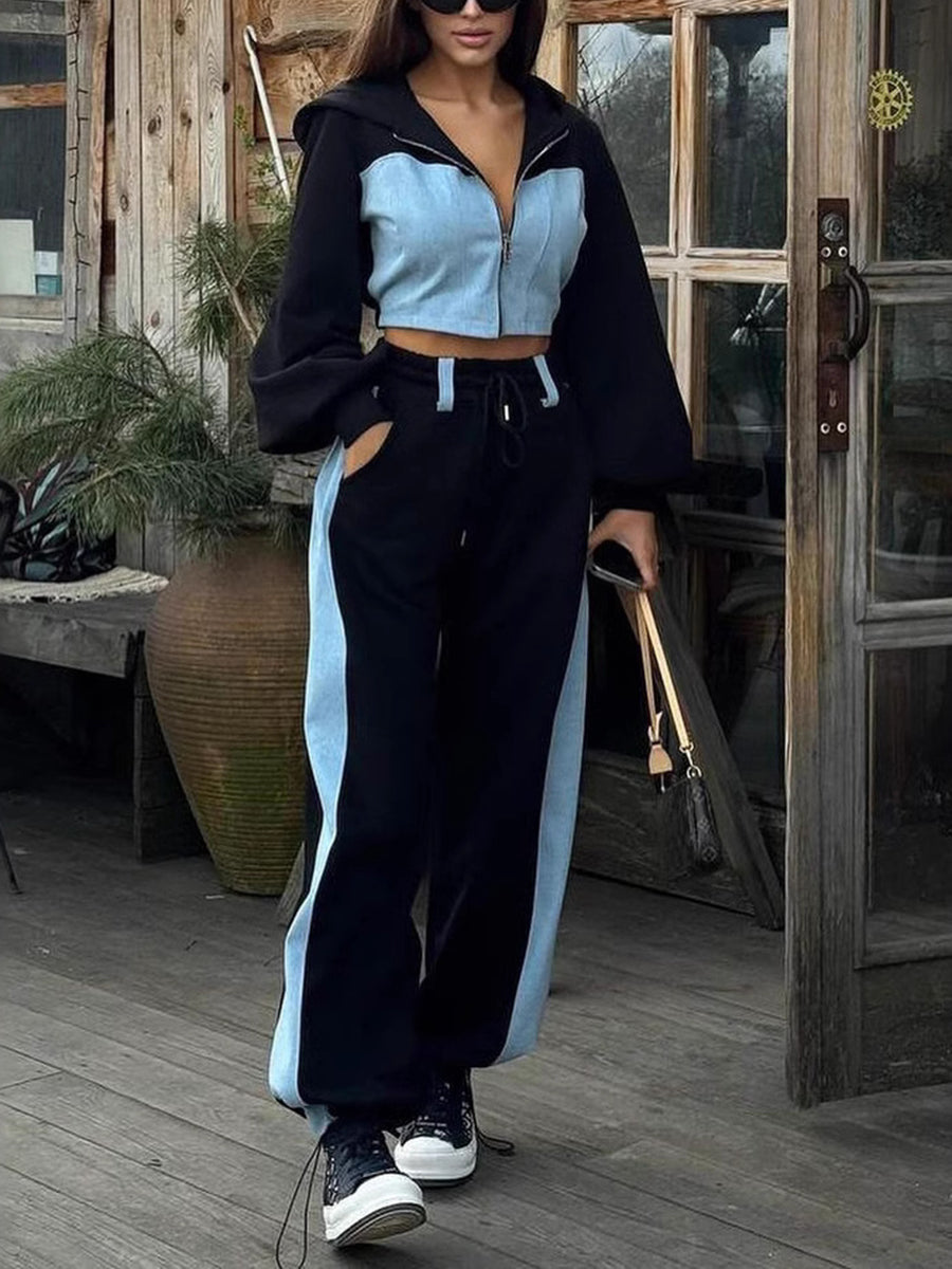 Contrast Color Split-Joint Hooded Cropped Long Sleeves Hoodies&Sweatshirt Outerwear + Drawstring Elasticity Zipper Pants Trousers Two Pieces Set
