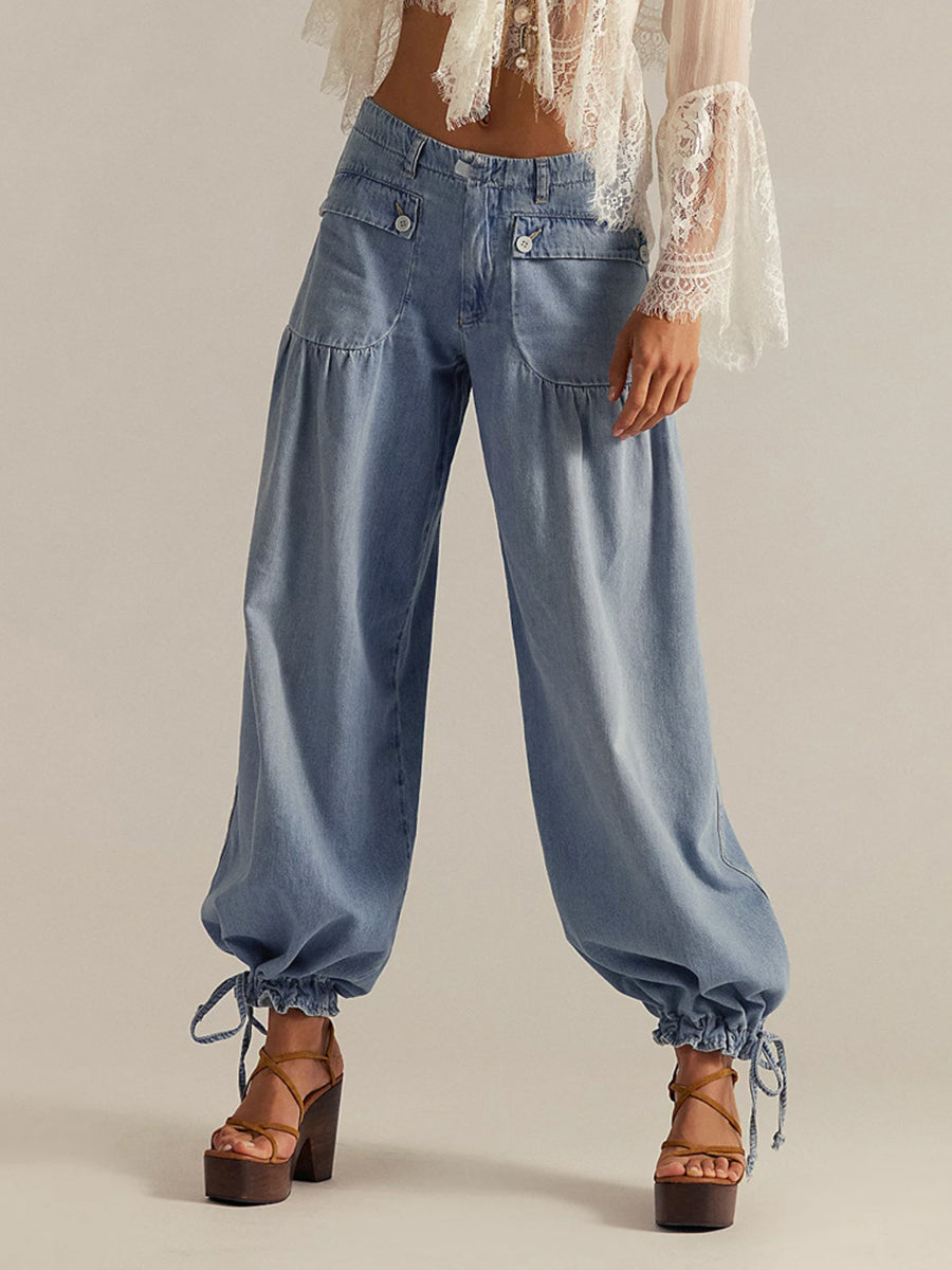 High Waisted Wide Leg Buttoned Drawstring Elasticity Pleated Pockets Solid Color Jean Pants Bottoms