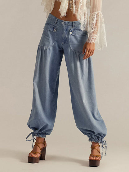 High Waisted Wide Leg Buttoned Drawstring Elasticity Pleated Pockets Solid Color Jean Pants Bottoms