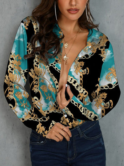 Long Sleeves Loose Buttoned Printed Lapel Blouses&Shirts Tops BLACK