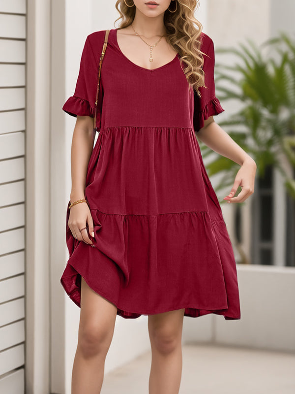 A-Line Flared Sleeves Pleated Pockets Ruffled Solid Color Split-Joint Round-Neck Mini Dresses