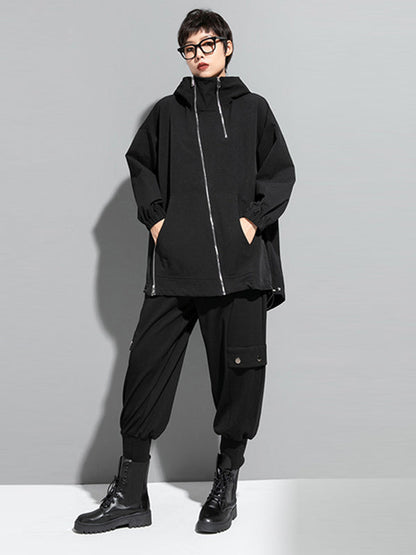 Moderne, unregelmäßige, lockere, einfarbige Oberbekleidung mit Reißverschluss und Kapuze 