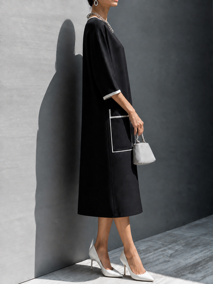 Pockets Contrast Color Plus Size Loose Round-neck Midi Dresses