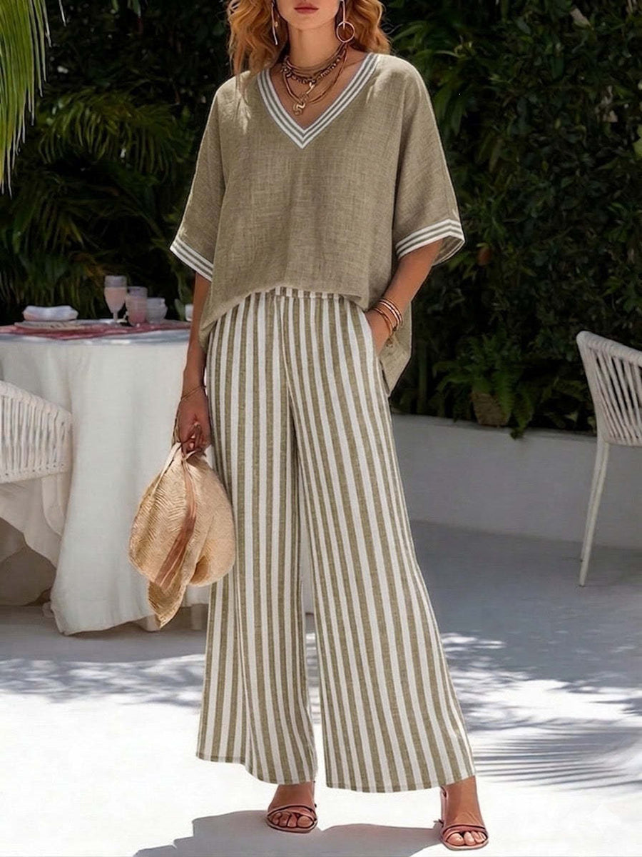 Half Sleeves Loose Contrast Color Pockets Striped V-Neck Blouses Top + Pants Bottom Two Pieces Set