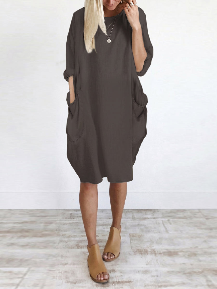 Long Sleeves Loose Pockets Solid Color Round-Neck Mini Dresses