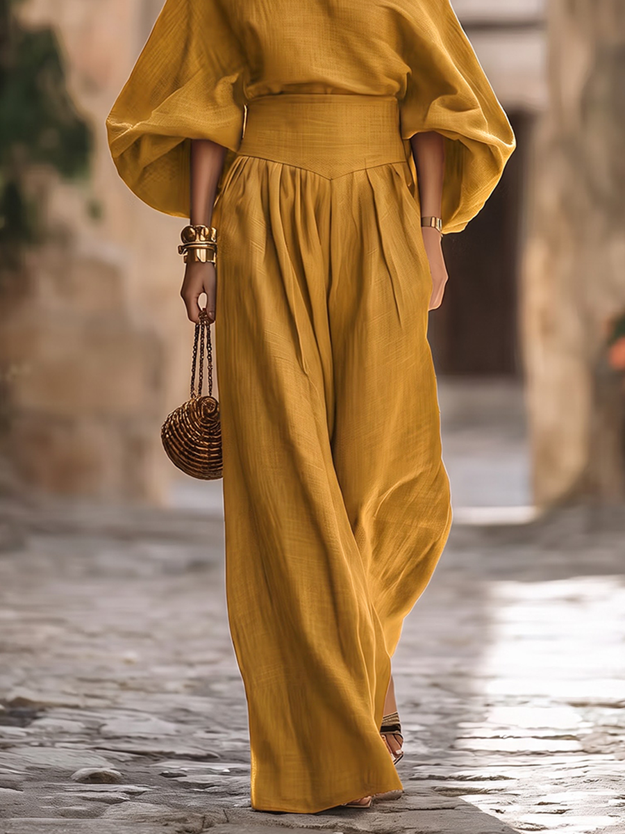 Split-Joint Solid Color Pockets Pleated Wide Leg Loose Trousers Pants
