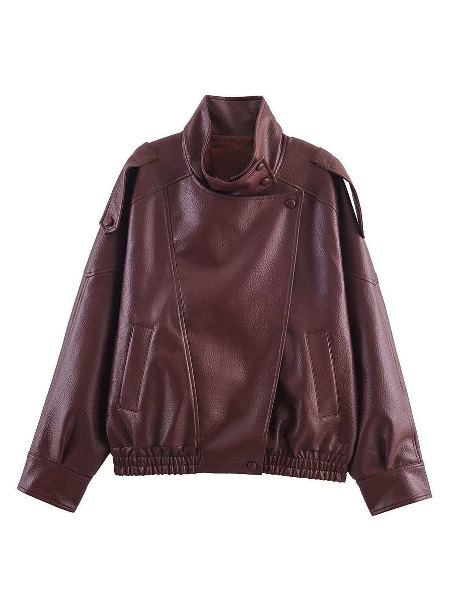 Zipper Split-Joint Solid Color Pockets Elasticity Buttoned Asymmetric Long Sleeves Stand Collar Outerwear Jackets