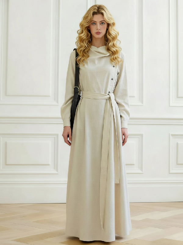 Long Sleeves Belted Solid Color Heaps Collar Maxi Dresses